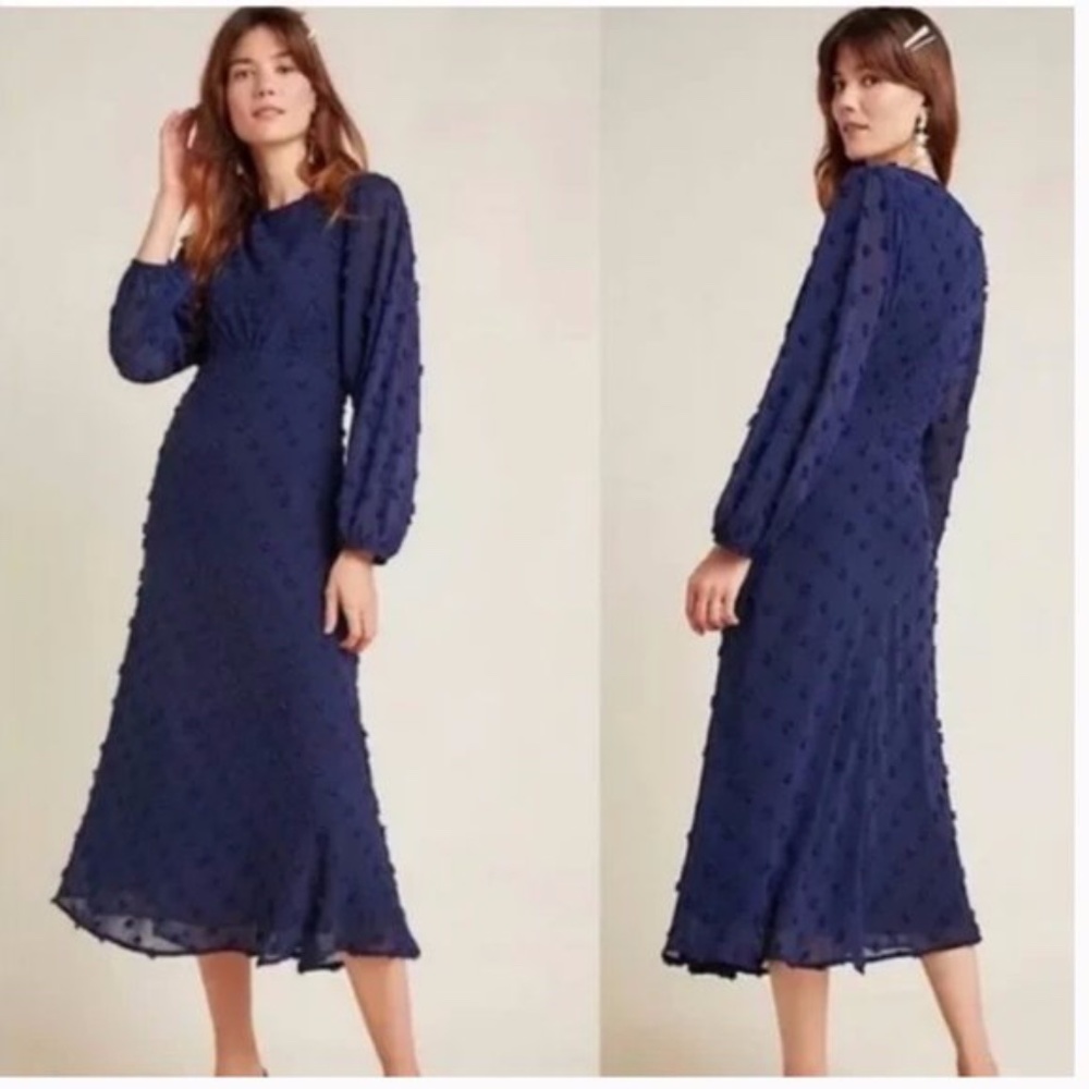 Anthro Eri + Ali Michaela Textured Swiss Dot Midi Navy Dress Size 2 Worn Once